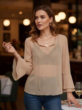 Sheer Blush Tan Bell Sleeve Top Boho Lightweight Flowy Blouse Size Large